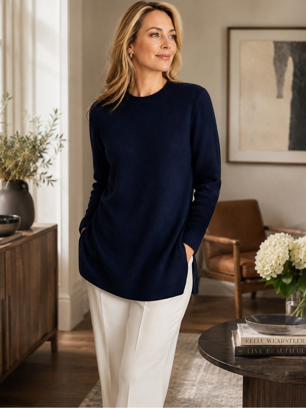Vintage St. John Basics Navy Longline Tunic Sweater Made USA Petite